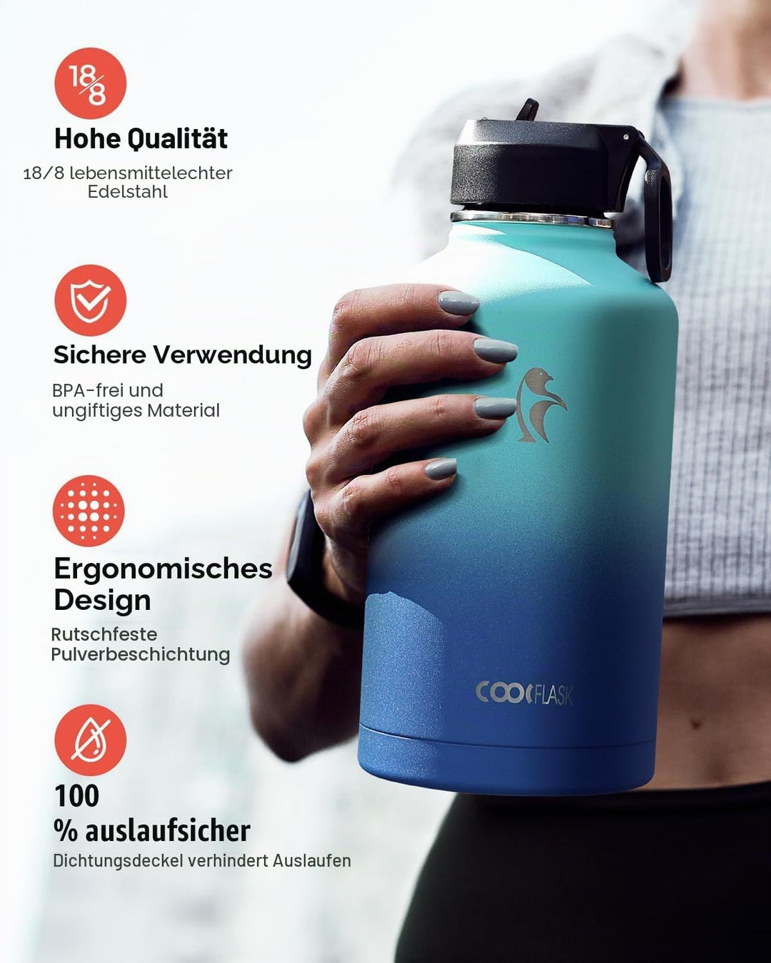 Isolierte Wasserflasche 2L, Coolflask Wasserflasche mit Strohhalm & 3 Deckeln, Edelstahl Isolierte t