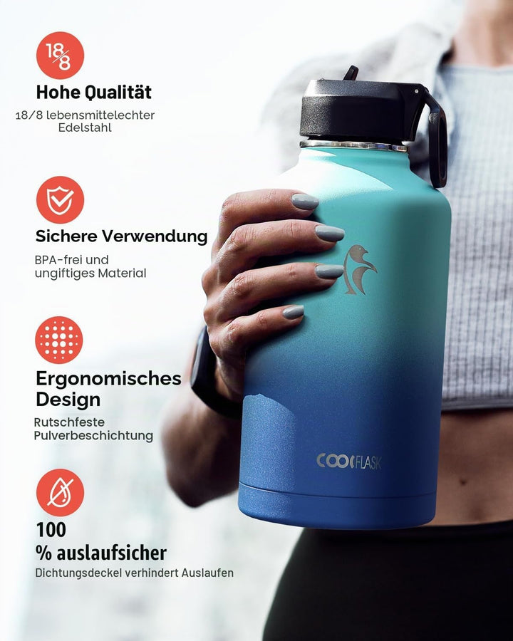 Isolierte Wasserflasche 2L, Coolflask Wasserflasche mit Strohhalm & 3 Deckeln, Edelstahl Isolierte t