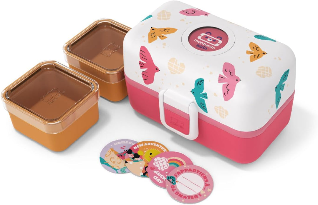 monbento - Lunchbox Kinder MB Tresor rosa Birds - Brotdose Kinder mit 3 Fächern - Ideal für Mittages