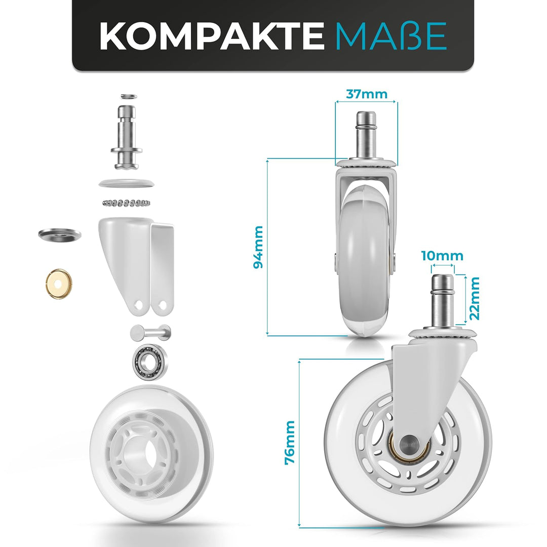 Bürostuhlrollen 5er Set in Weiss – Geräuscharme Hartboden-Rollen 10x22mm – Nie wieder Bodenschutzmat