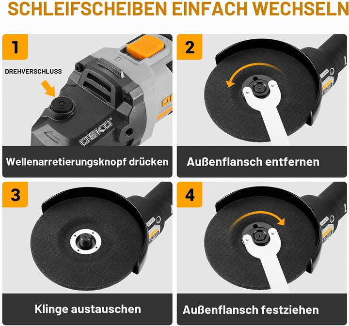 Akku-Winkelschleifer 20V Ø 125mm: DEKOPRO Schleifer mit 4.0Ah Akku, bürstenloser Motor, 8500RPM – in