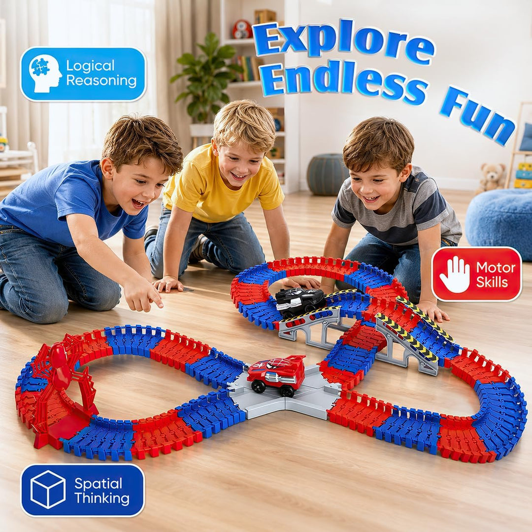 Spider Rennbahn Set 212 Teile – Flexible Autorennbahn Spielzeug ab 3 4 5 6 7 8 Jahre Junge, DIY Trac