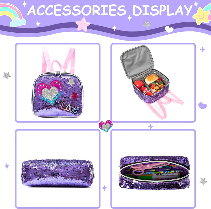 HTgroce Lila Liebe Trolley Rucksack mit Rollen, Federmäppchen, Lunch Tasche 3 in 1 Pailletten Rollin