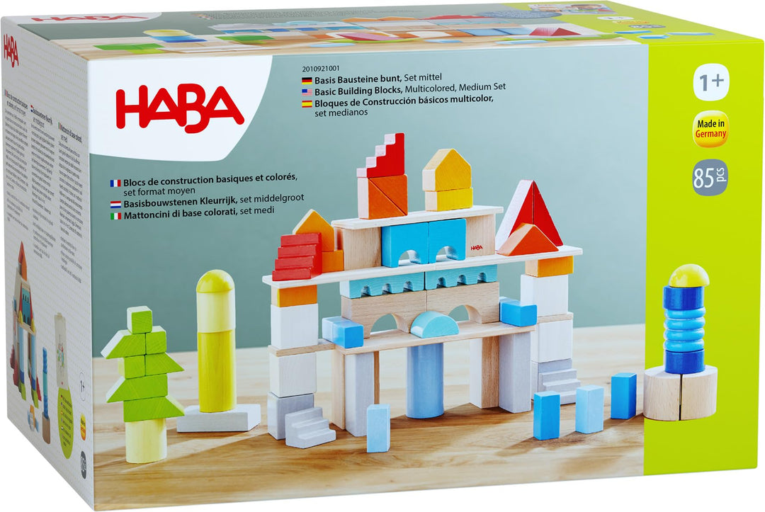 HABA Basis Holzbausteine - 85 Bunte Bausteine mit Baumwolltasche - Made in Germany - ToyAward Gewinn