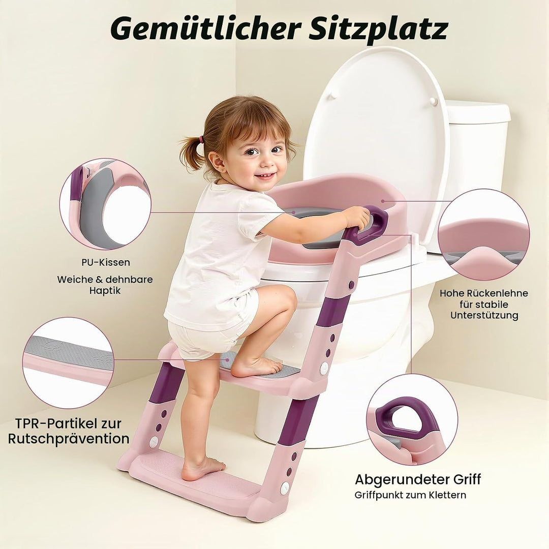 Kinder Toilettensitz mit Treppe abnehmbares PU-Kissen, höhenverstellbar 2–7 Jahre, klappbarer WC Sit