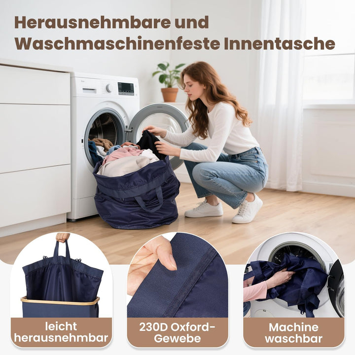 OUSFOT Wäschekorb mit Deckel 105L, Wäschesammler mit Griffen aus Bambus, Laundry Basket Wasserdicht
