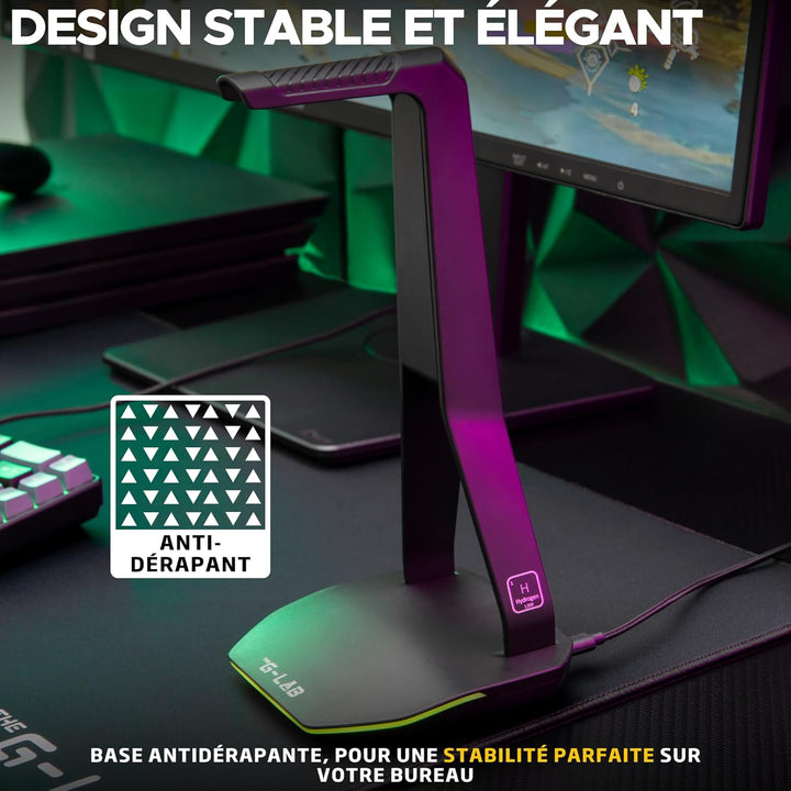The G-Lab – K-Stand Hydrogen – Gaming Kopfhörer Ständer – RGB mit 7 Farben, EIN/Aus-Schalter, 2X USB