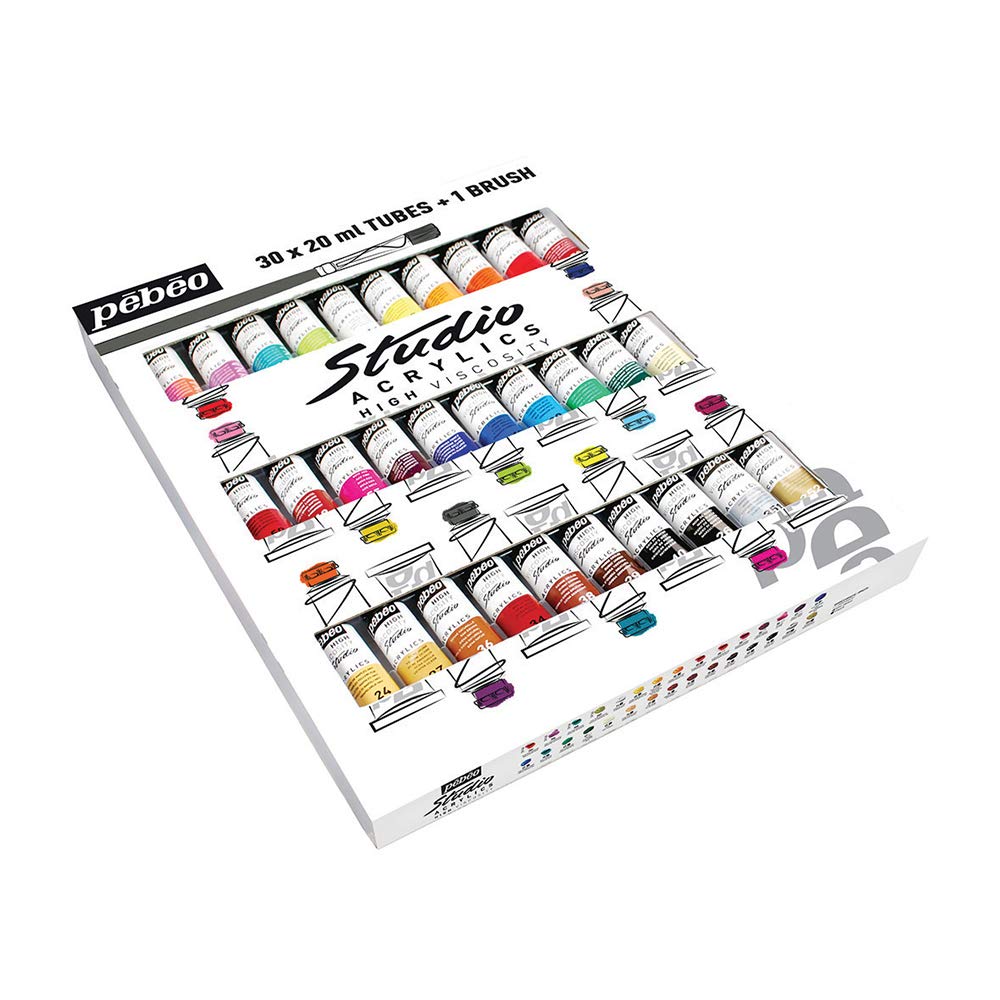 Pébéo - Studio Acryl Gehäuse 30 Tuben à 20 ml Sortiment und Pinsel - Kit Acrylmalerei Tuben und Pins