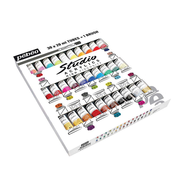 Pébéo - Studio Acryl Gehäuse 30 Tuben à 20 ml Sortiment und Pinsel - Kit Acrylmalerei Tuben und Pins