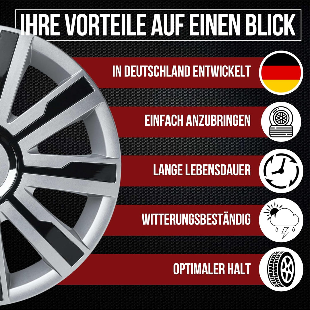 Albrecht 15 Zoll Radkappen schwarz/silber für Stahlfelgen - Mirage Radzierblenden aus hochwertigem K