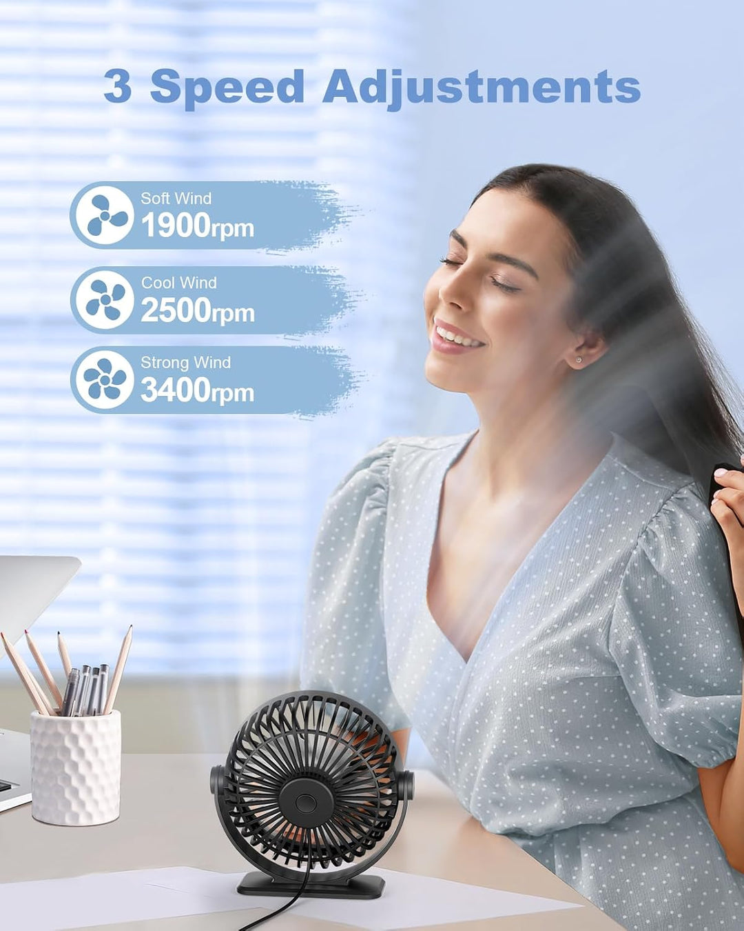 TriPole Ventilator Leiser, Mini Ventilator mit 3 Geschwindigkeiten, USB Tischventilator Leistungssta