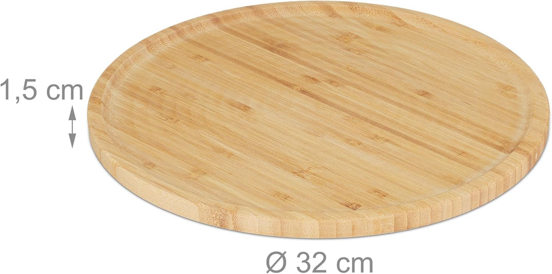 Relaxdays Pizzateller, 4er Set, Bambus, Ø 32 cm, Servierbrett für Pizza, Flammkuchen, Käse, rundes P