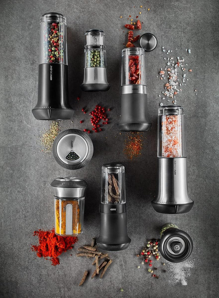 Gefu Pfeffermühle mit Salzsteuer X-Plosion, Gewürzmühle für Pfeffer, Streuer aus Glas, Keramikmahlwe