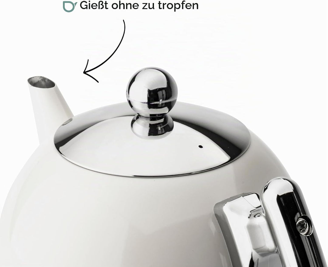 Creme-Weisse bauchige doppelwandig isolierte Edelstahl Teekanne 1.2 Liter
