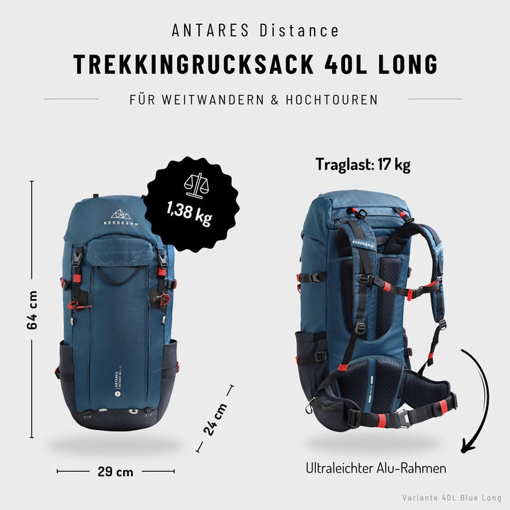 NORDKAMM Trekking-Rucksack, Backpacker Rucksack, Wanderrucksack 40l - 50l, Damen-Herren Majolica Blu