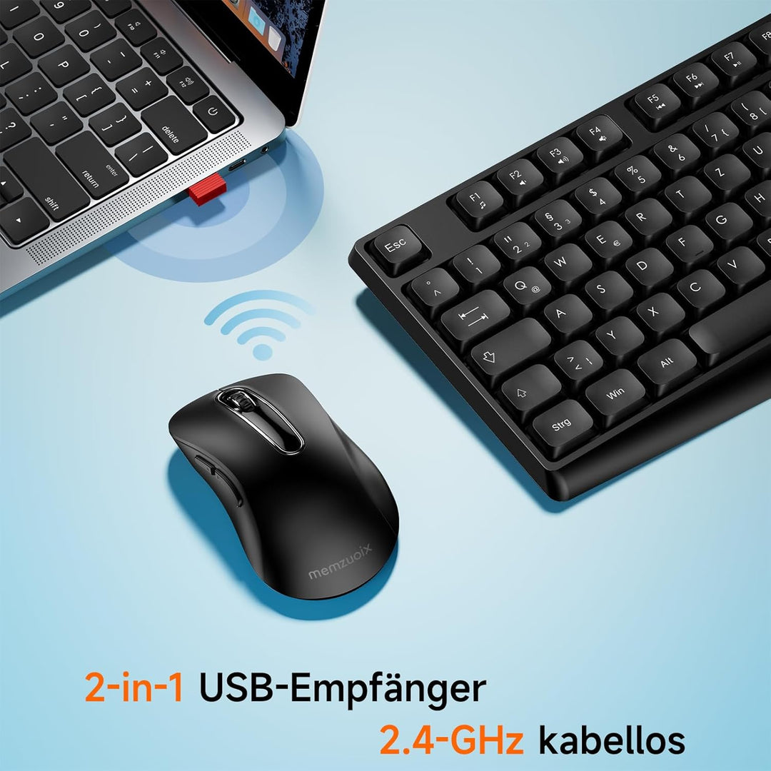 QWERTZ Kabelloses Tastatur Maus Set, Full Size 105-Tasten Tastatur mit Nummernblock, 2.4GHz Funk mit