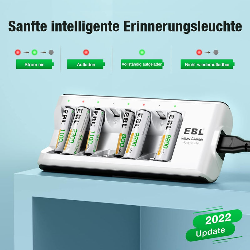 EBL Akku Ladegerät mit 4 AA Akku + 4 AAA Akku, Ladegerät für wiederaufladbare Batterien AA AAA NI-MH