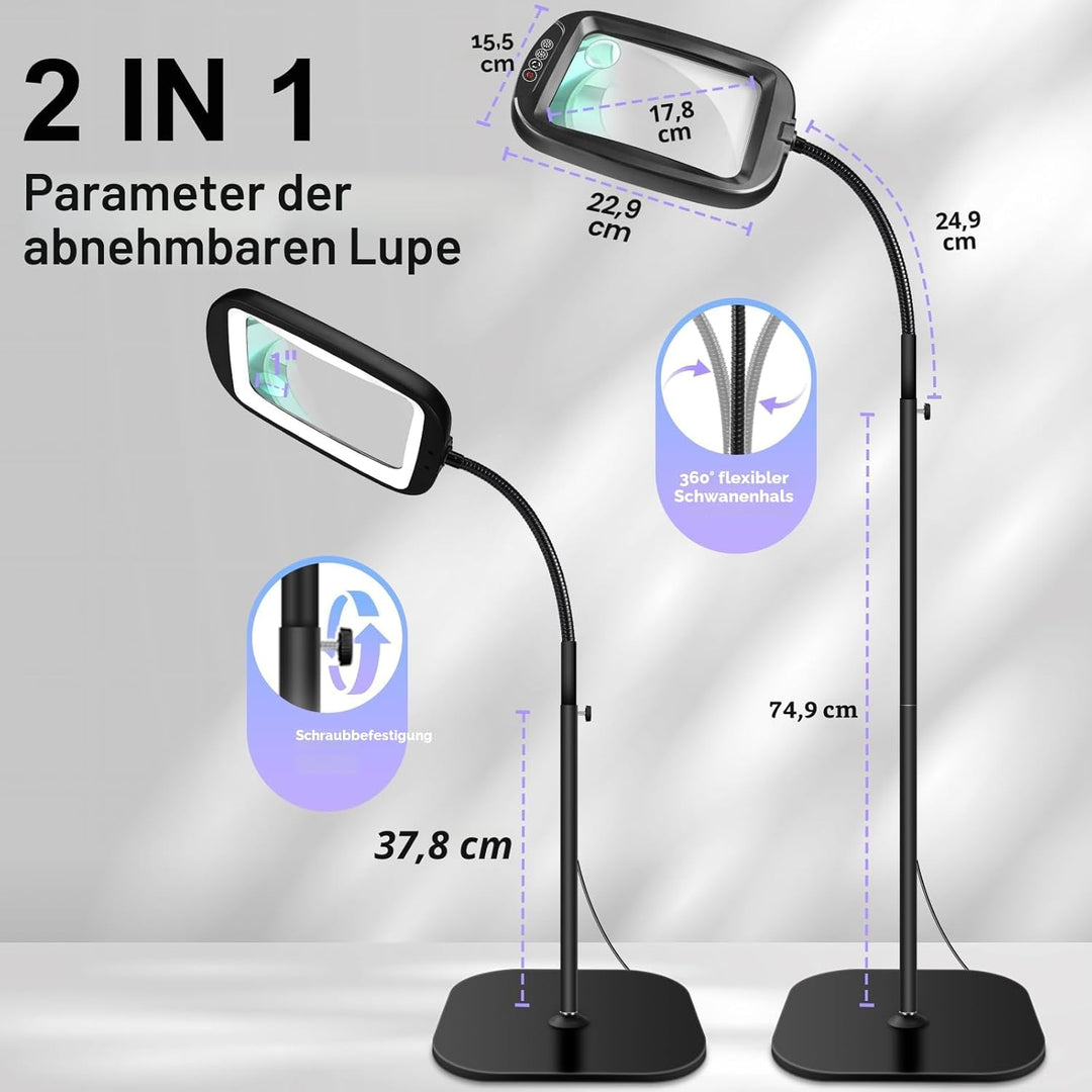 NZQXJXZ 10X Lupe mit Licht und Ständer, Flexible Schwenkarm Lupenleuchte mit 60 LED, 5 Farbmodus Dim