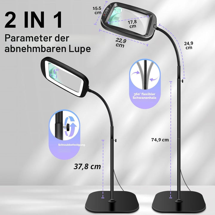 NZQXJXZ 10X Lupe mit Licht und Ständer, Flexible Schwenkarm Lupenleuchte mit 60 LED, 5 Farbmodus Dim