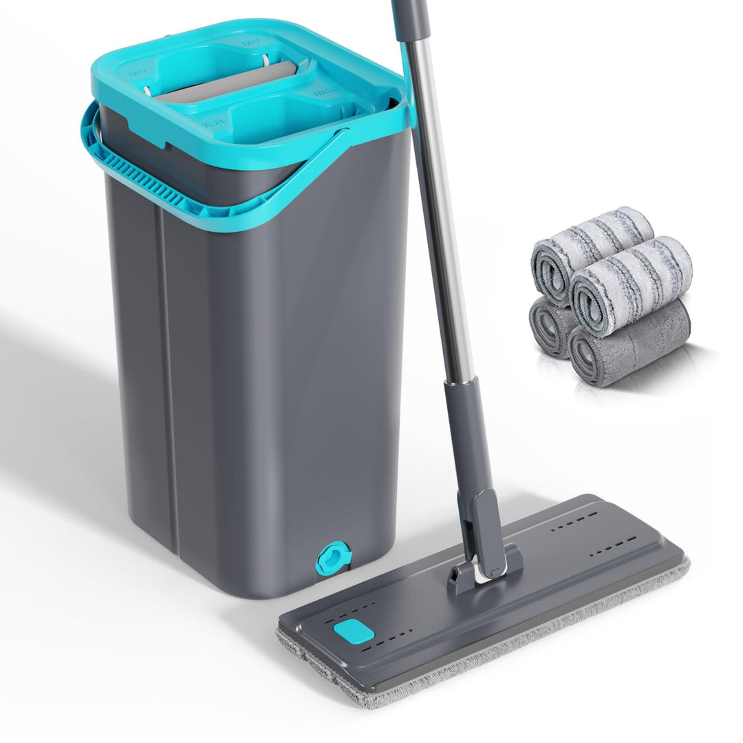 Masthome Wischmopp und Eimer Set, Flacher Bodenwischer mit 6 Mikrofaser-Wischpads und 148 cm Edelsta