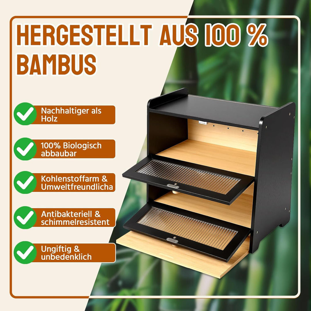 HAUSPROFI Brotkasten Bambus 2 Etagen, Brotkästen Holz mit Schneidebrett Belüftung Gewelltes Sichtbar