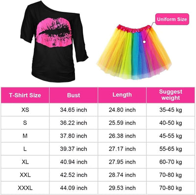 80er Jahre Outfit Damen Set, T-Shirt, Tutu, Gürteltasche, Stirnband, Ohrring, Halskette, Netzhandsch