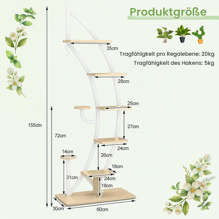 GOPLUS 6-stöckiger Blumenständer Metall, halbmondförmiger Pflanzenständer mit Ablagen &amp; Haken, Pflan