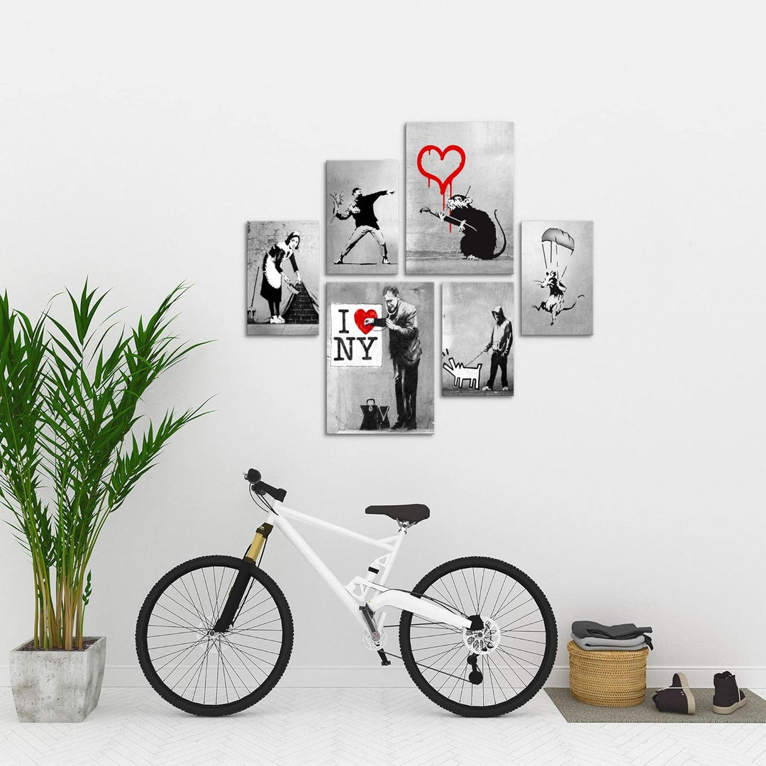 Novart Bilder Set - AUFHÄNGFERTIG - KEIN EXTRA RAHMEN BENÖTIGT - Banksy Collage Modern Street Art -