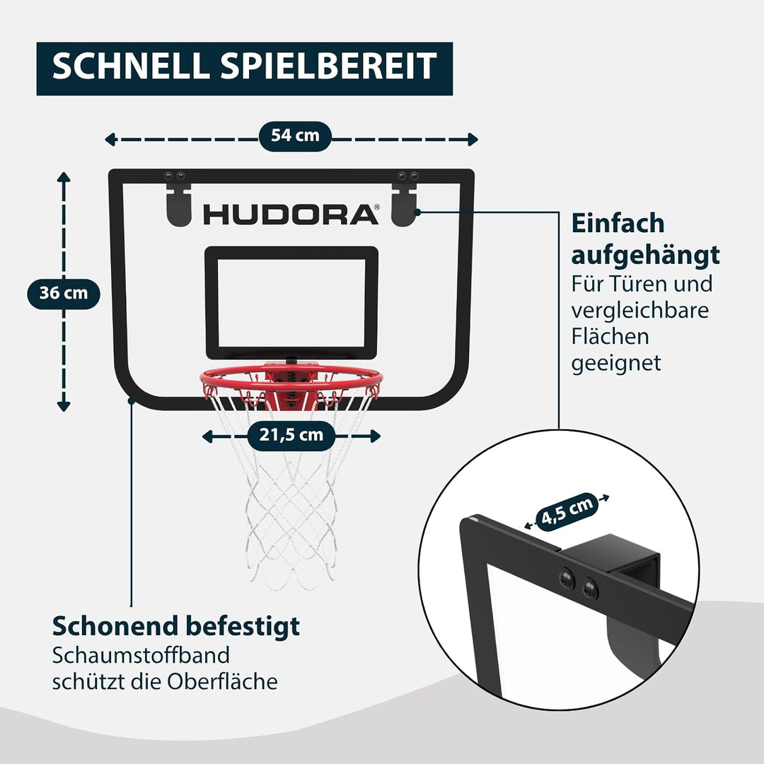 HUDORA Mini-Basketballkorb-Set Indoor – Set mit 3 Bällen und Ballpumpe – Basketballkorb fürs Zimmer/