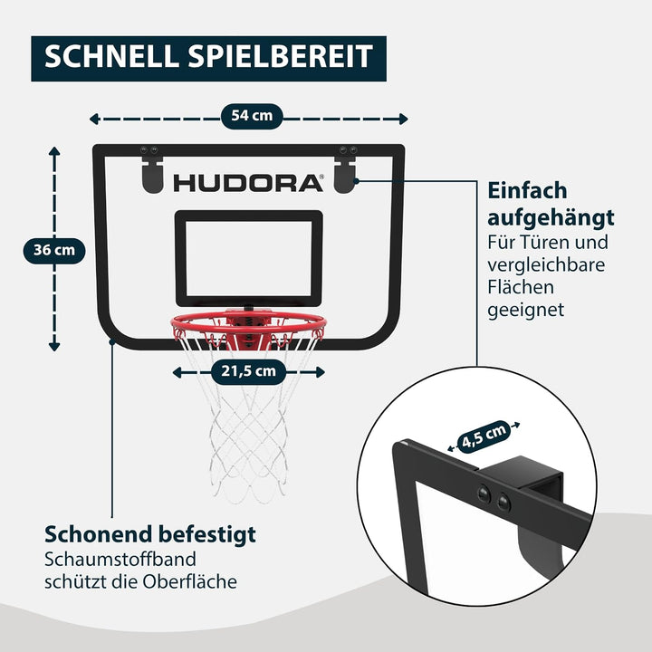 HUDORA Mini-Basketballkorb-Set Indoor – Set mit 3 Bällen und Ballpumpe – Basketballkorb fürs Zimmer/