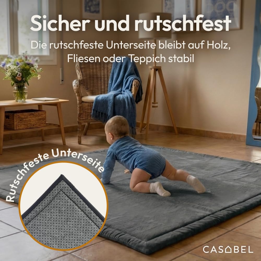 CASABEL Baby-Spielmatte aus Samt, dick und weich, 120x120cm, Grau | 2,5 cm dick, komfortabler Schaum
