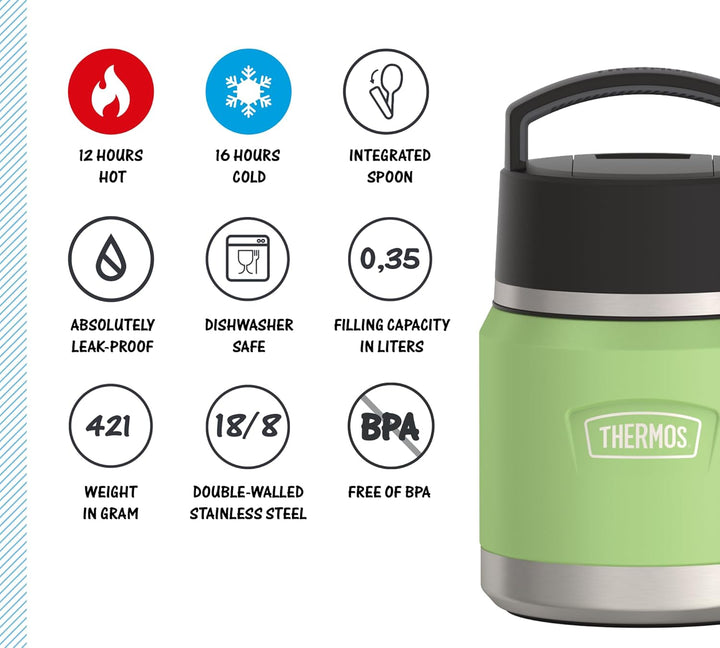 Thermos ICON Kids Thermobehälter für Essen 0,35l, grün, lime, Edelstahl, absolut dicht, hält Speisen