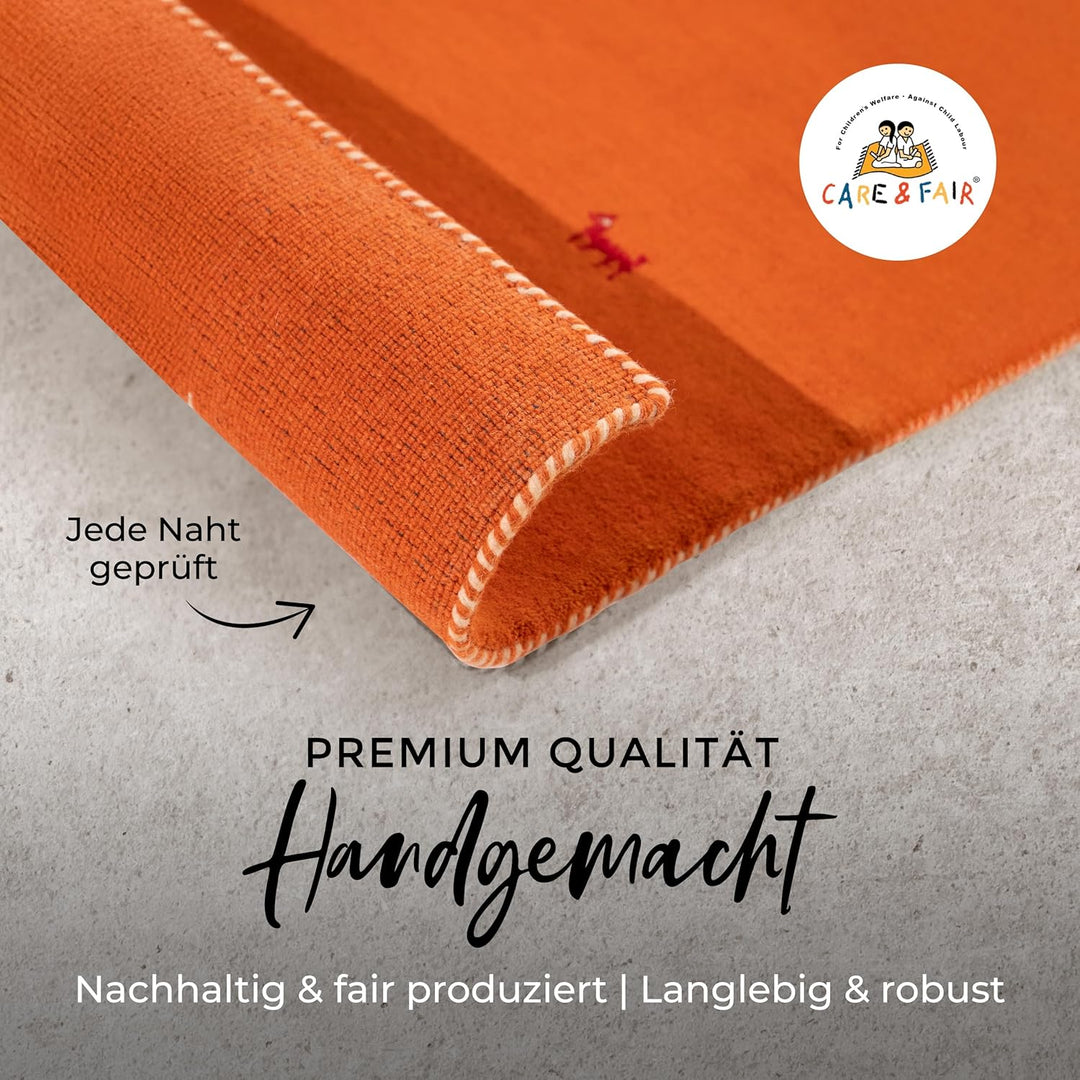 carpetfine Wollteppich Gabbeh Uni Orange 60x90 cm | Moderner Teppich für Wohn- und Schlafzimmer 60x9