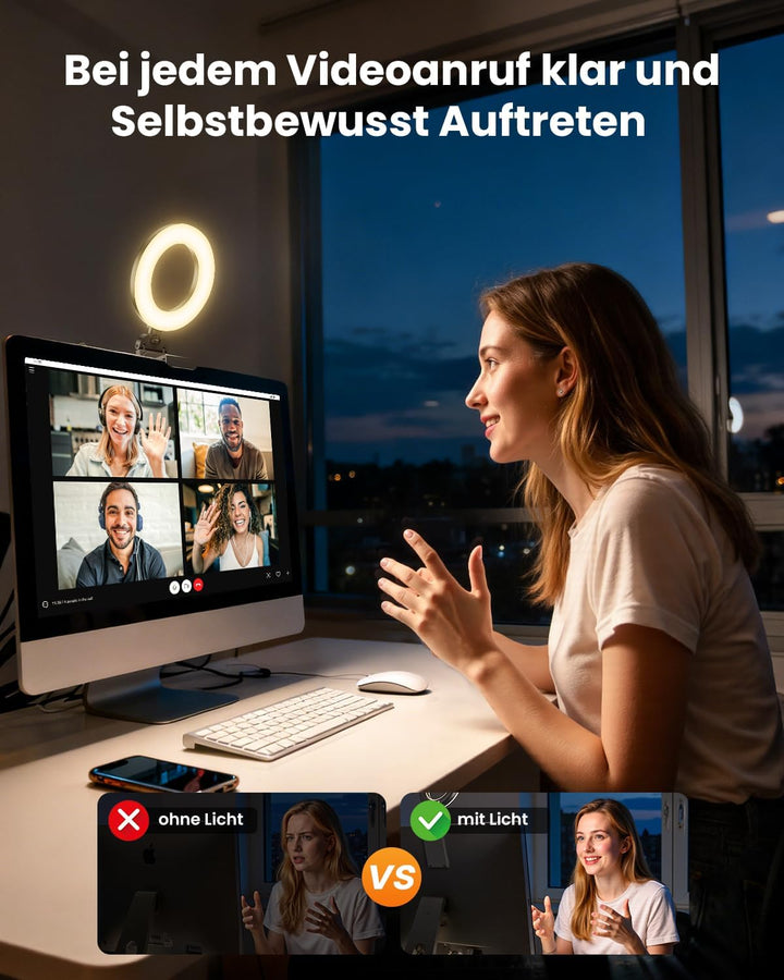 Upgrade Ringlicht Laptop PC 5” Videokonferenz Licht,Evershop Ringleuchte Ringlampe mit Stativ&Handyh