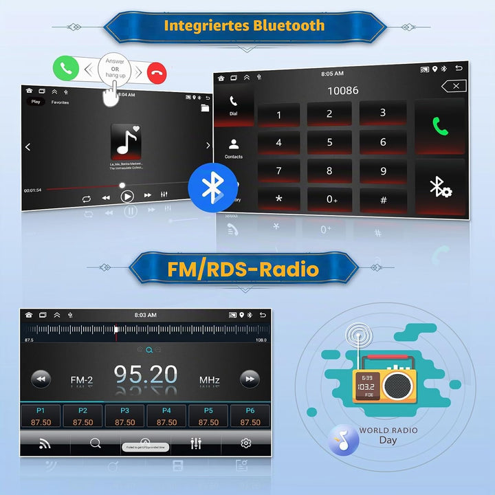 Android 15 Autoradio 1 Din CarPlay mit Bildschirm (2 + 64G) 10,4 Zoll drehbarer Touchscreen Stereo A