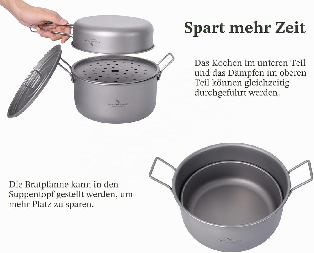 iBasingo 1.9L Titan Topf & 900ml Pfannen mit Deckel Camping Kochgeschirr Dampfgarer Leichtes Tragbar