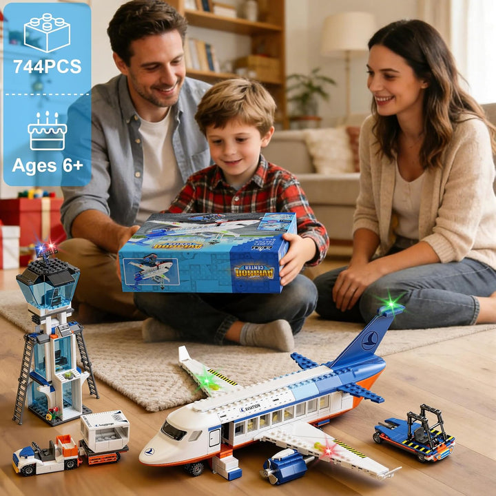 GuKKK City Passagierflugzeug Baukasten Set, 3 IN 1 Flugzeug Baukasten 744 PCS mit Terminal, Anhänger