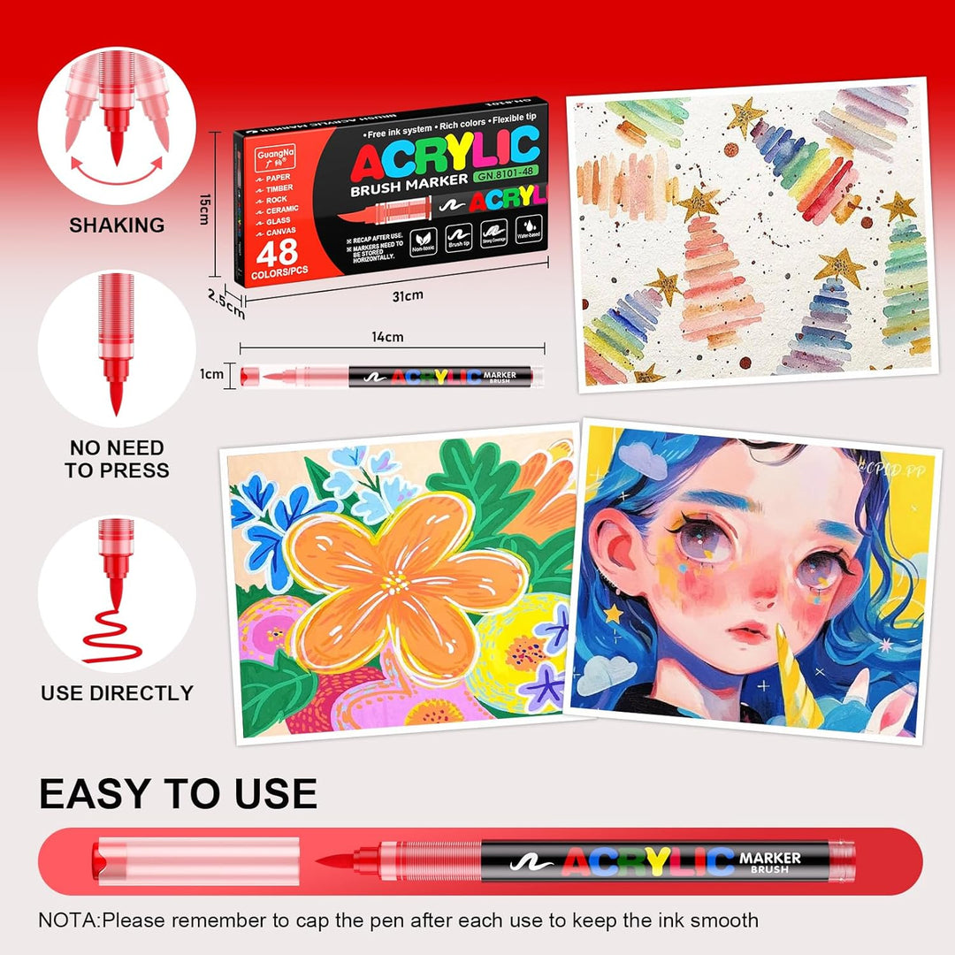 48 Farben Acrylstifte für Steine Wasserfest, Permanent Acrylic Marker, Pinselspitze Acrylstifte für