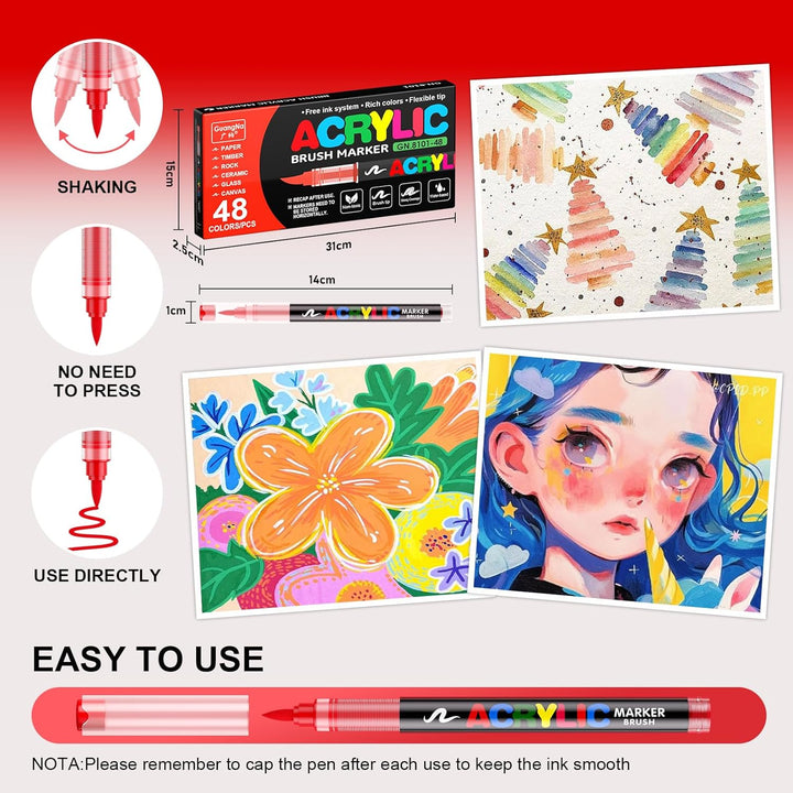 48 Farben Acrylstifte für Steine Wasserfest, Permanent Acrylic Marker, Pinselspitze Acrylstifte für