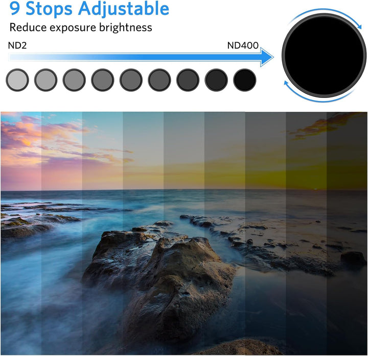 ARTCISE 77 mm Variabler ND-Filter, ultradünn, ND2-ND400 HD, Verstellbarer Fader-Graufilter 77mm, 77m
