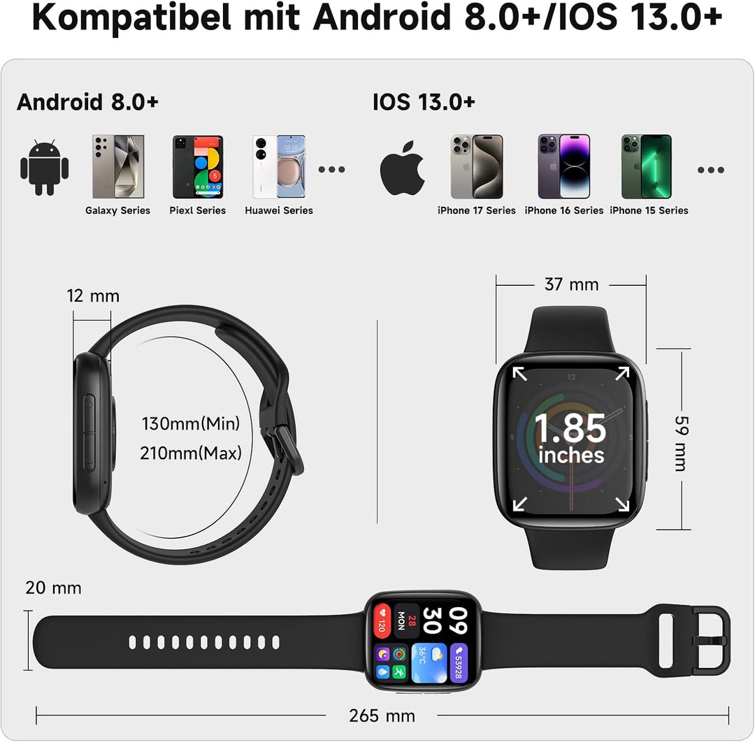 Smartwatch Herren Damen, 1,85" Fitnessuhr mit Telefonfunktion &amp; Whatsapp, Herzfrequenz &amp; Schlafmonit