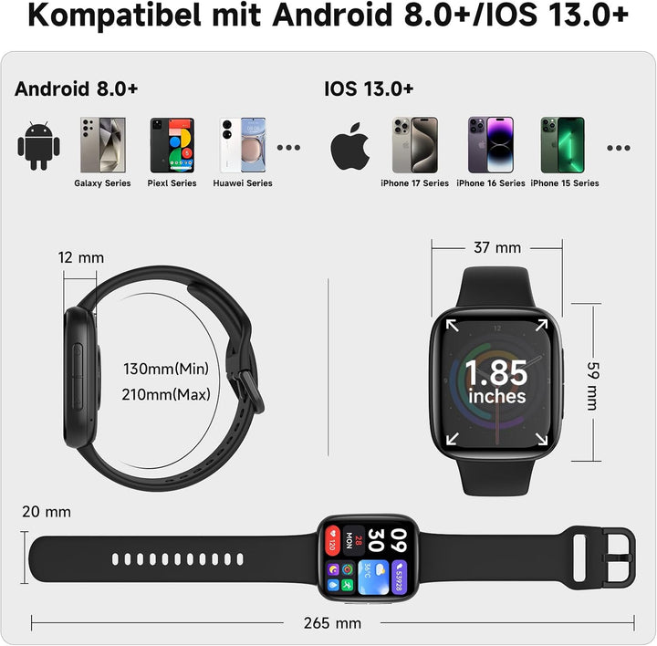 Smartwatch Herren Damen, 1,85" Fitnessuhr mit Telefonfunktion &amp; Whatsapp, Herzfrequenz &amp; Schlafmonit