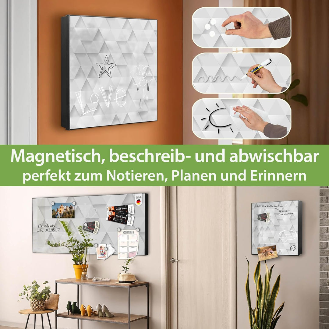 banjado® Grosser Schlüsselkasten Glas/Schlüsselbox 30cm x 30cm mit 50 Haken - Motiv Weisse Dreiecke/