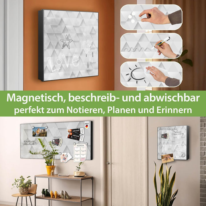 banjado® Grosser Schlüsselkasten Glas/Schlüsselbox 30cm x 30cm mit 50 Haken - Motiv Weisse Dreiecke/