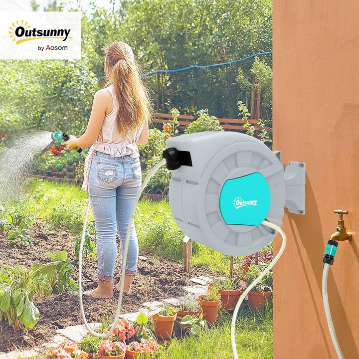 Outsunny Schlauchtrommel mit Gartenschlauch 30m, 180° schwenkbar Schlauchbox, Schlauchaufroller zur