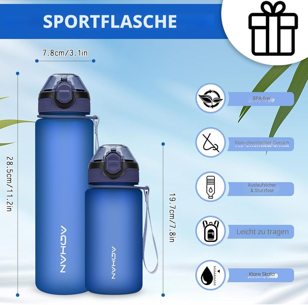AOHAN Trinkflasche 1L mit auslaufsicherem Klappdeckel, BPA freie Sport Trinkflasche mit Stroh, Wasse