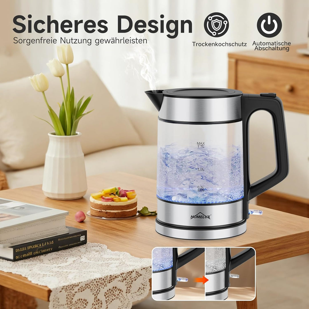 Wasserkocher Glas, 1. 7L Teekocher Elektrisch mit Skalenstrichen, 2200 Watt Wasserkocher Durchsichti