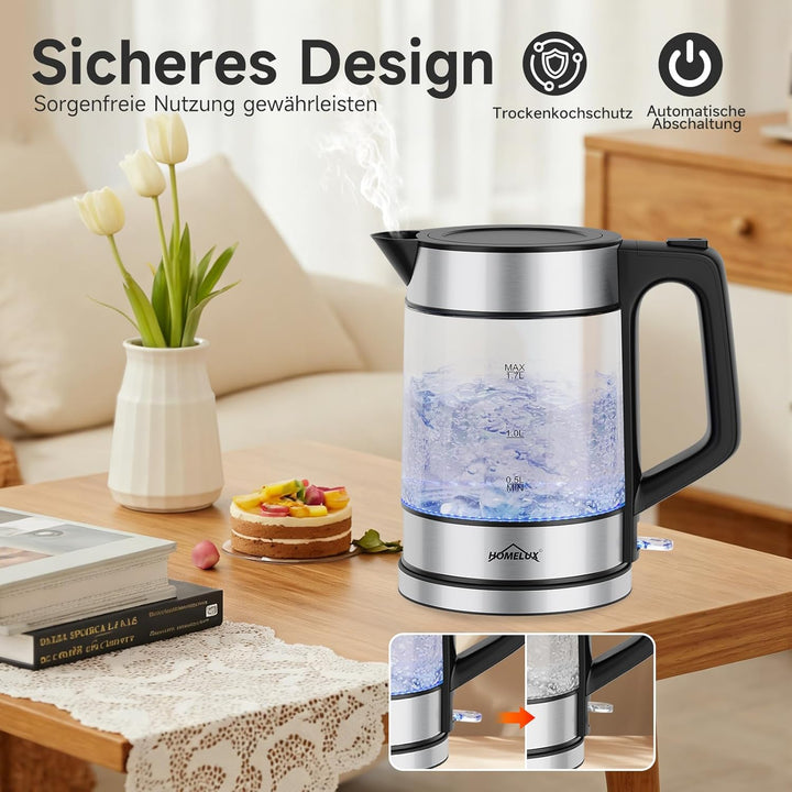 Wasserkocher Glas, 1. 7L Teekocher Elektrisch mit Skalenstrichen, 2200 Watt Wasserkocher Durchsichti