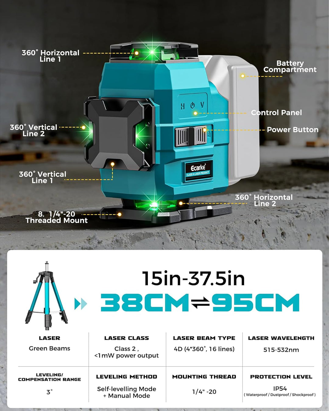 Ecarke 4D Kreuzlinienlaser Grün 16 Linien 4x360° mit Stativ, kompatibel mit Makita 18V Akku, Selbstn