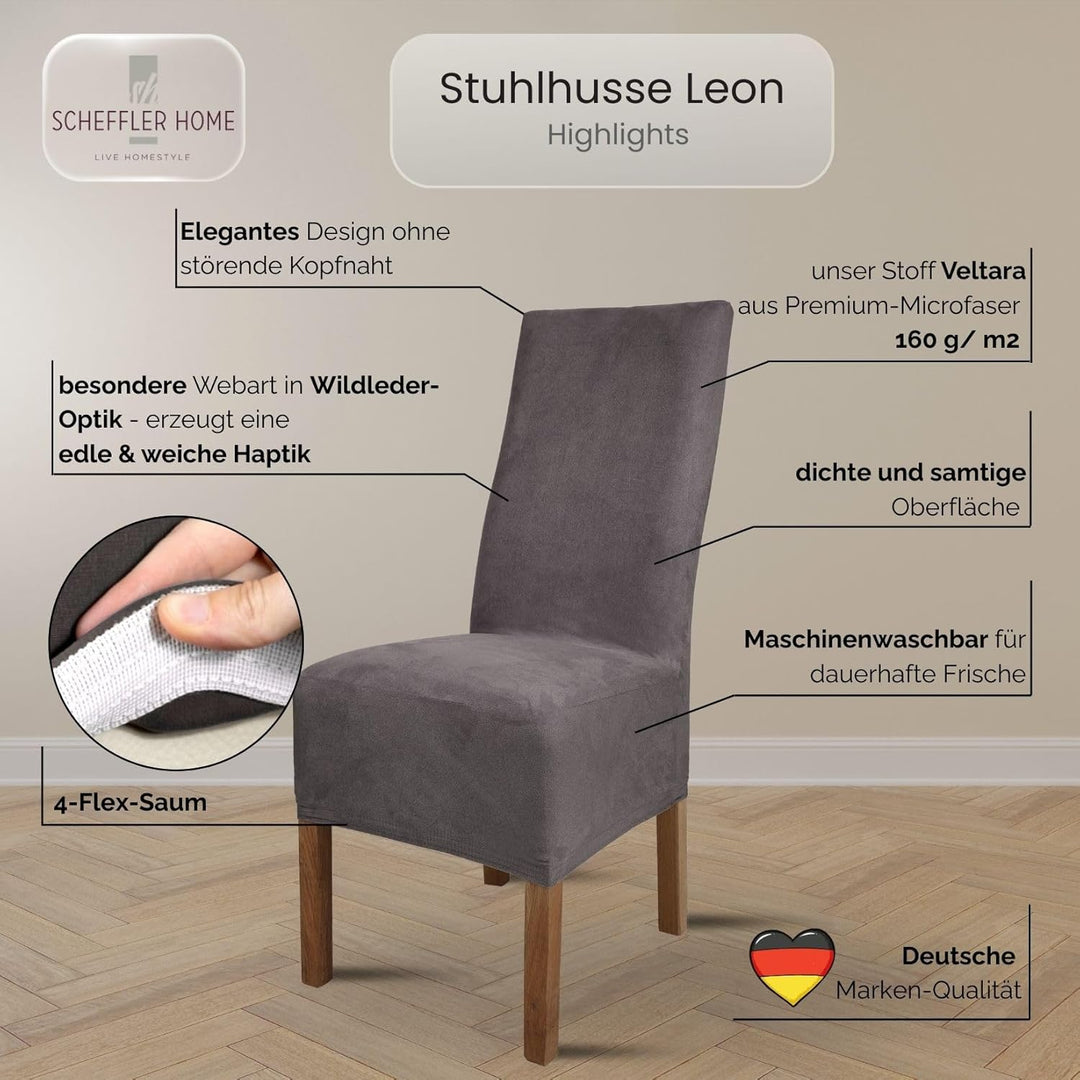 SCHEFFLER-Home Stuhlhussen 6er Set Leon Grau/elastische Wildleder Hussen für Stühle/Robustes Freisch